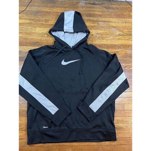 Nike-Fit Hooded Sweatshirt Black/Gray Mens Size Medium Gray Tag Vintage‎ - Picture 1 of 4